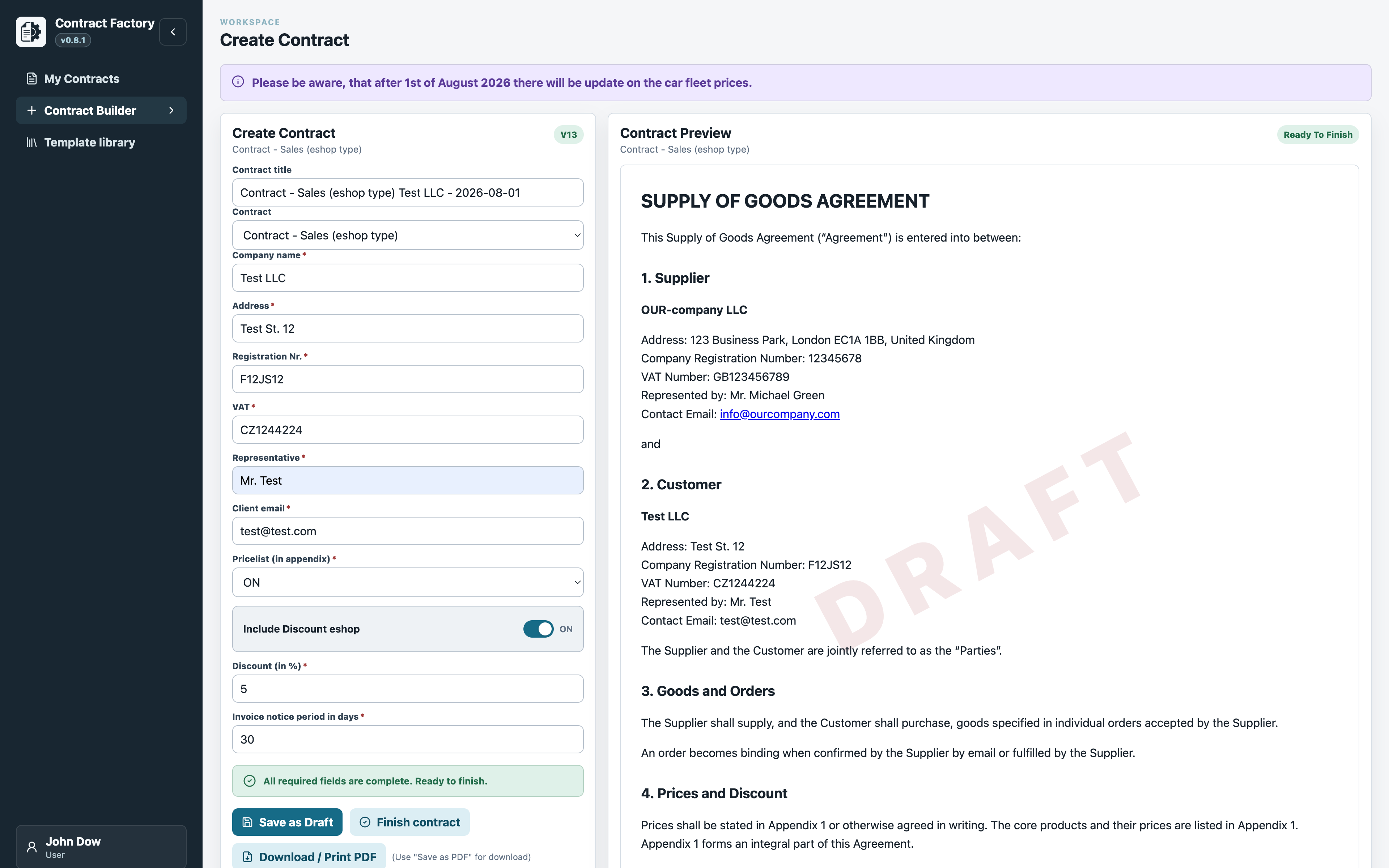 ContractFactory version 0.8.1 with guided fields and a live contract preview
